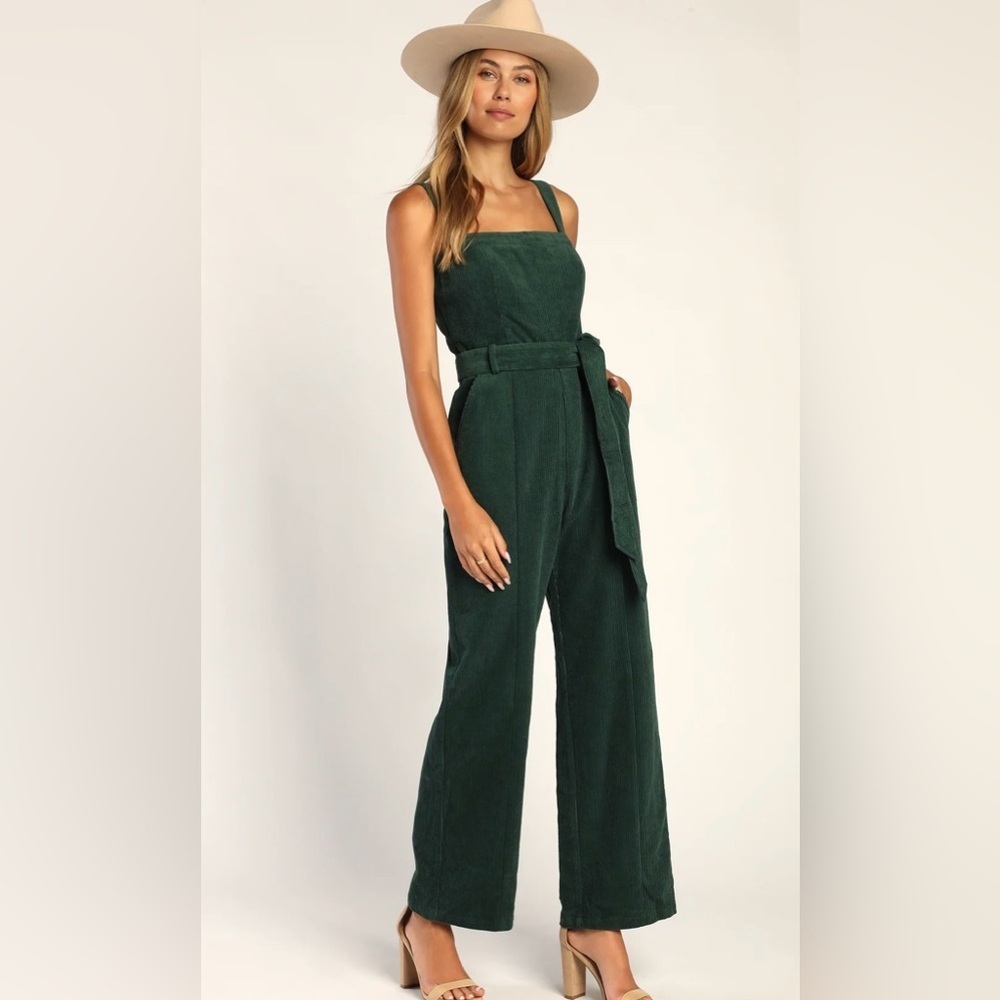 Lulus Green Corduroy Wide-Leg Jumpsuit NWT Women’s Small Belted - Picture 2 of 14